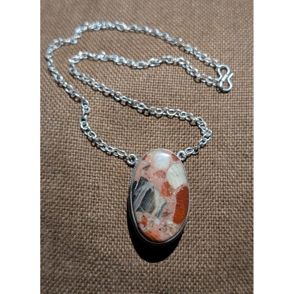 Natural Chert Breccia Stone and 925 Sterling Silver Chain Necklace